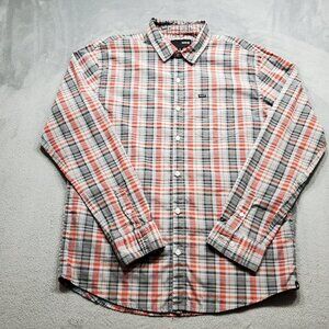 Hurley Long Sleeve Button Up Plaid Shirt 1 Pocket Gray Red Blue Men Sz L